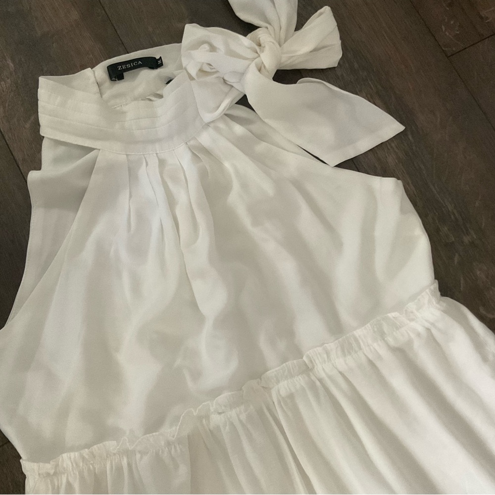 Zesica white maxi dress, higher neckline/collar, open shoulders, medium